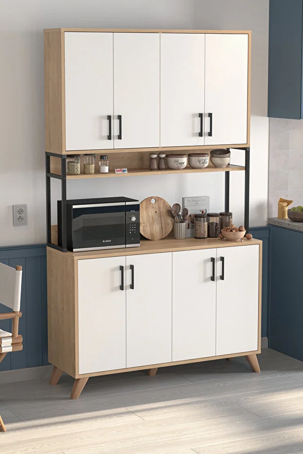 8 Kapaklı Çok Amaçlı Dolap Defne Mutfak Dolabı Erzak Dolabı Kiler Dolabı Safir Meşe Beyaz